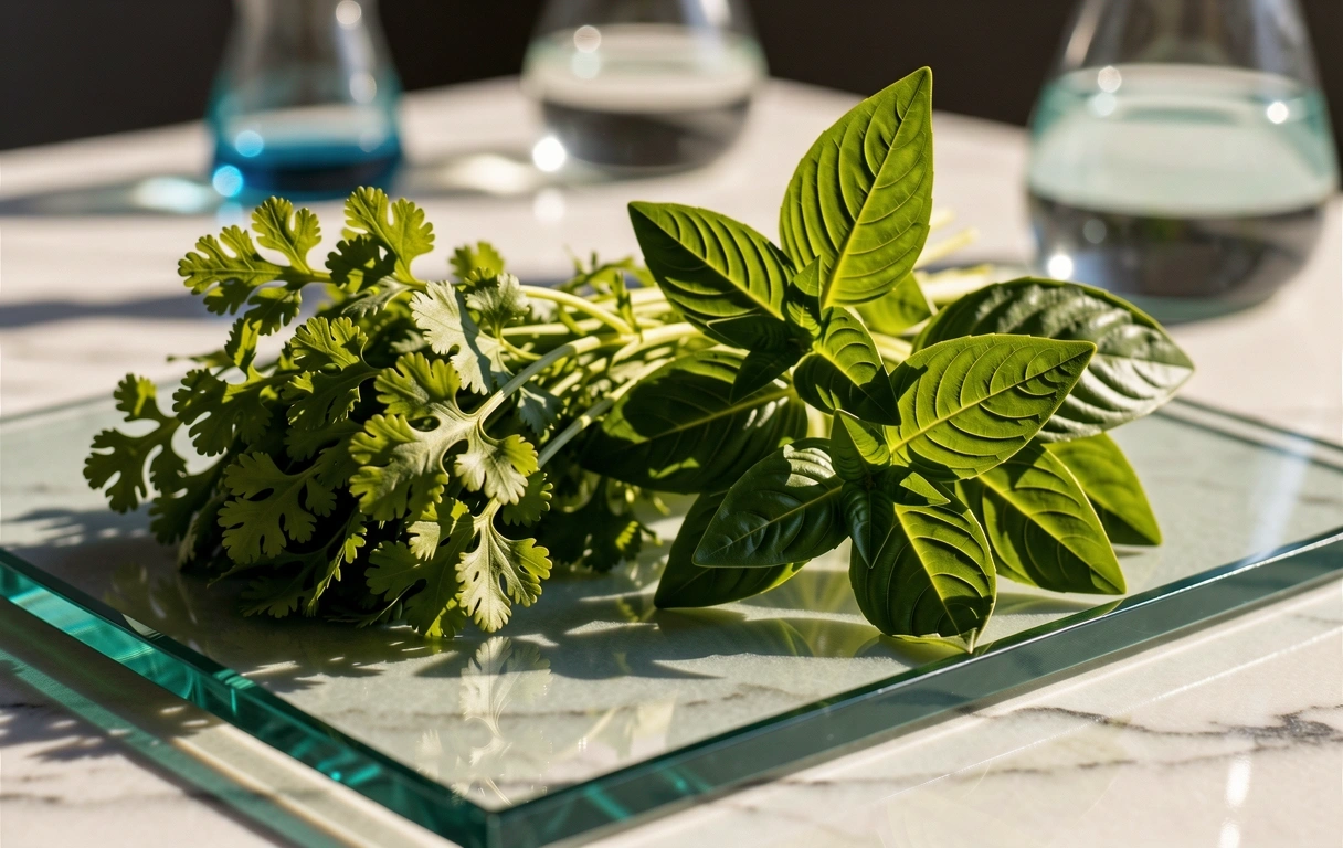 Close-up of fresh herbs and botanical ingredients